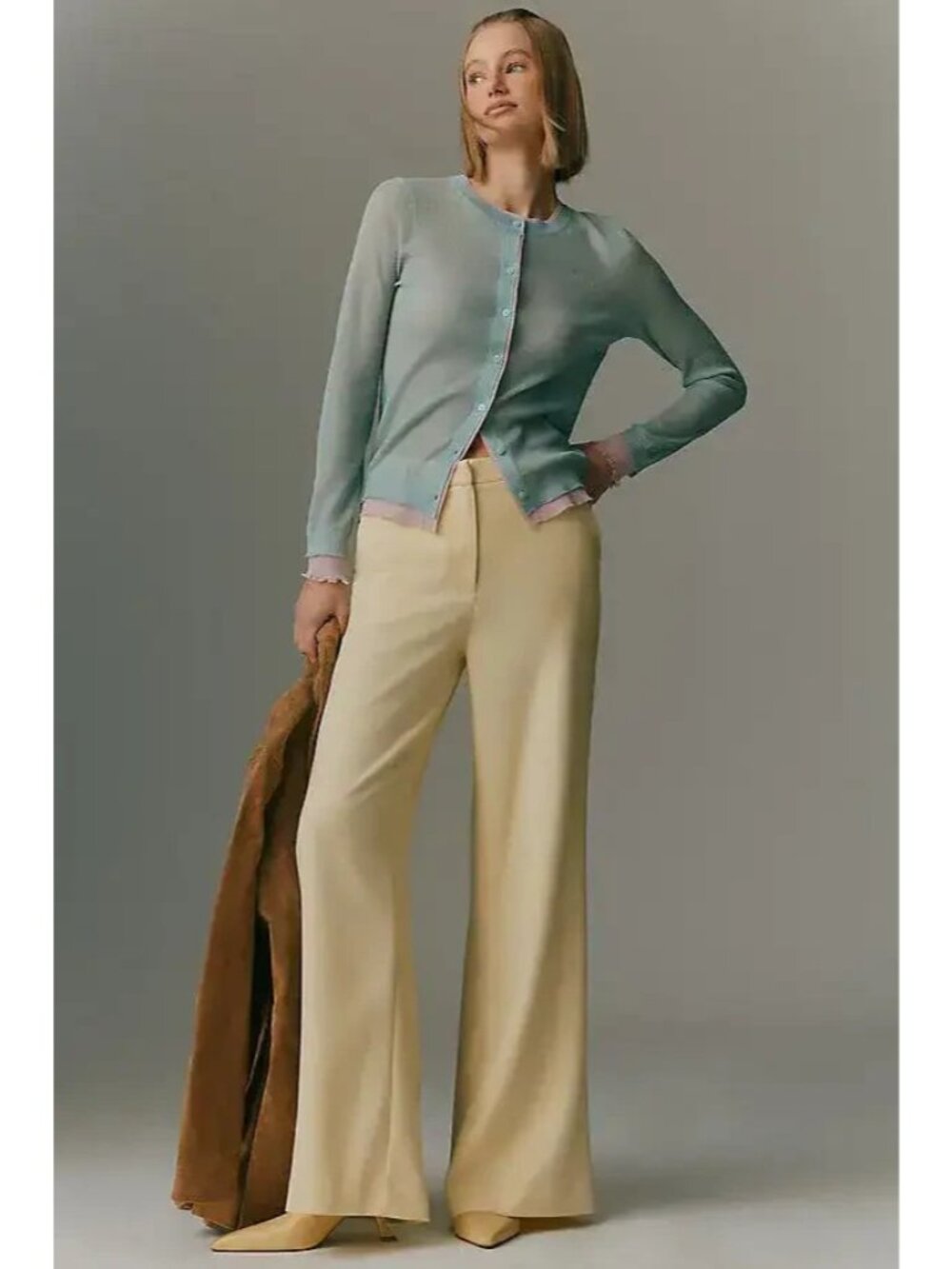 Anthropologie Maeve Flat-Front Trousers Light Yellow 10 - Picture 3 of 4